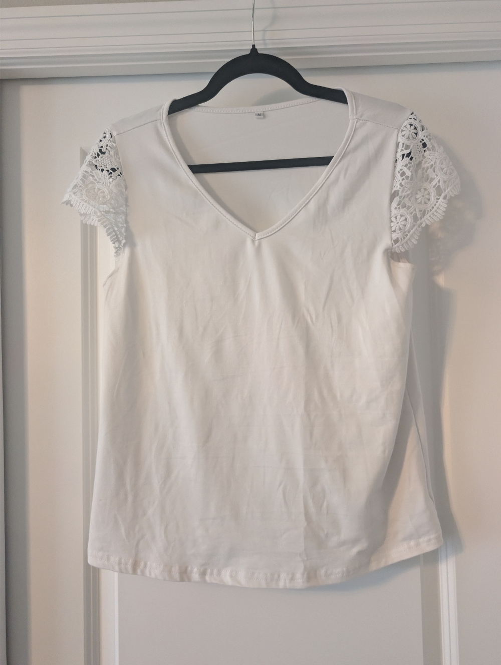 Women's White V-Neck Top with Lace Sleeves